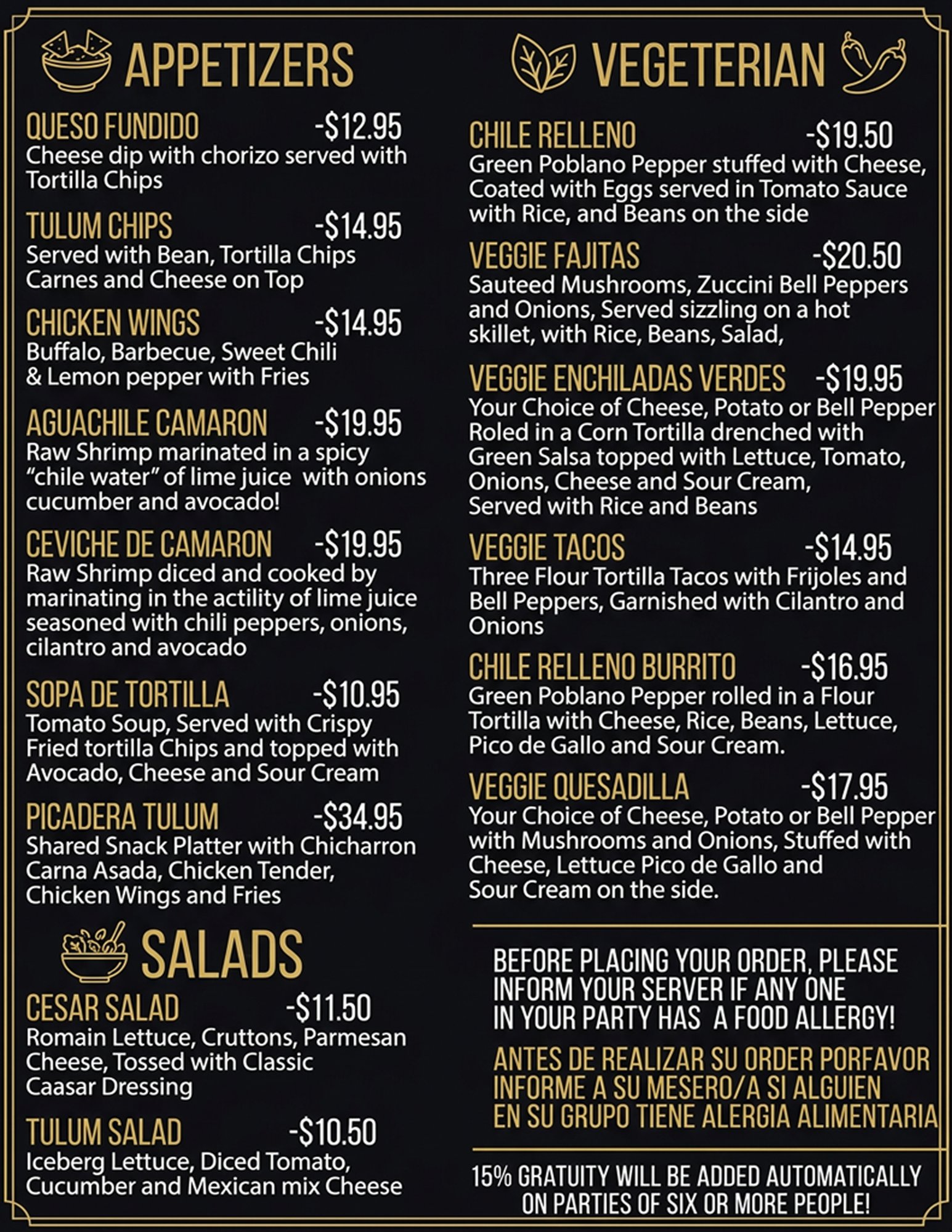 Menu Apps and Veggies