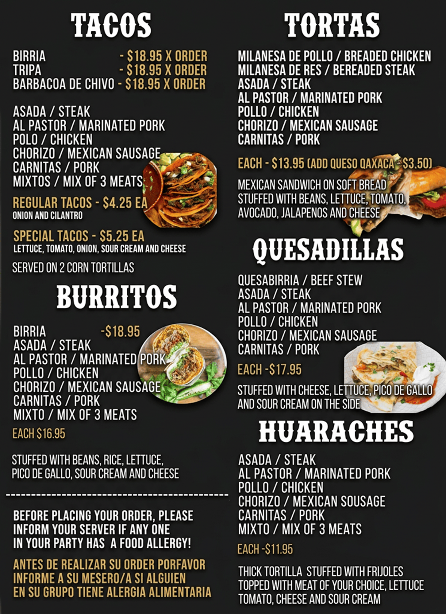 Menu tortas tacos